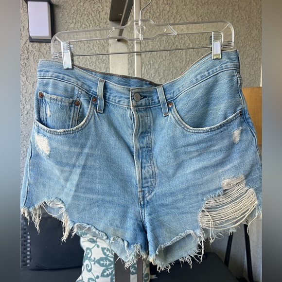 Levi's Light Blue Distressed Jean Shorts - Picture 1 of 5